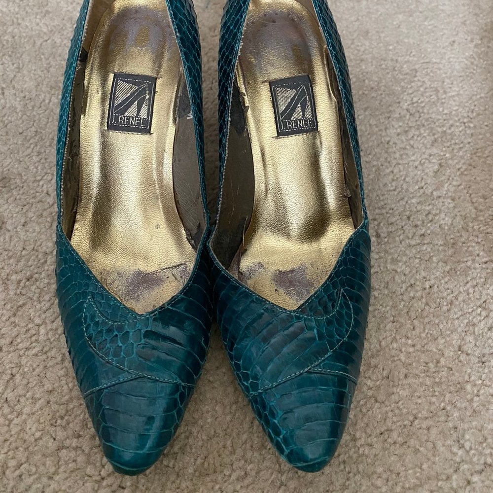 Dark Green Snake Skin Pointed Toe Heels
